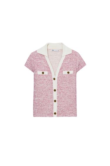 Zara TEXTURED POLO COLLAR TOP - Pink marl