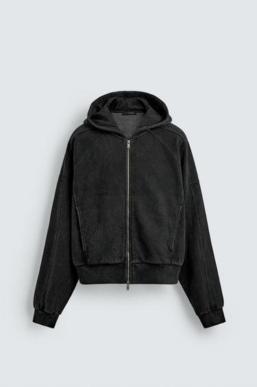سويت شيرت بقصة CROPPED FIT بغطاء رأس - أنثراسيت داكن by Zara
