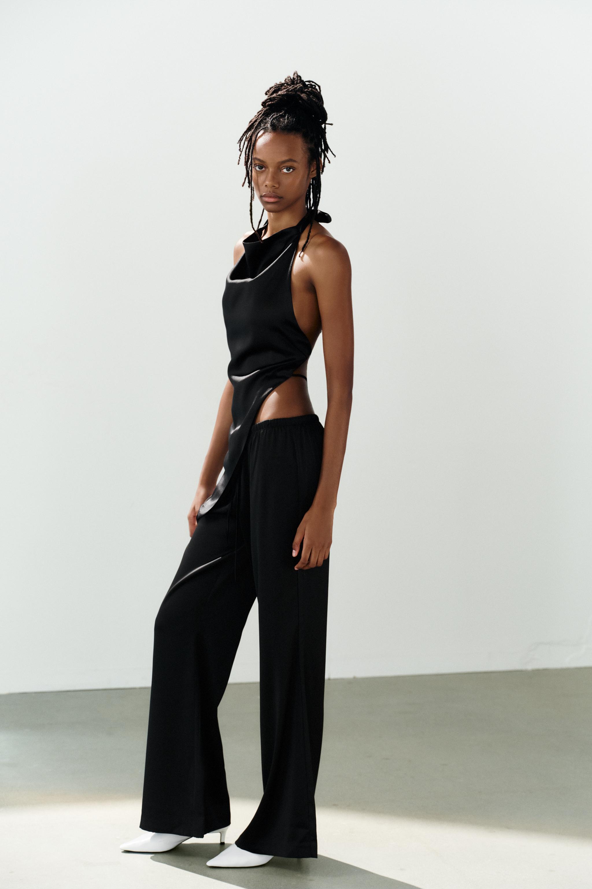 SATIN DRAWSTRING PANTS — Black