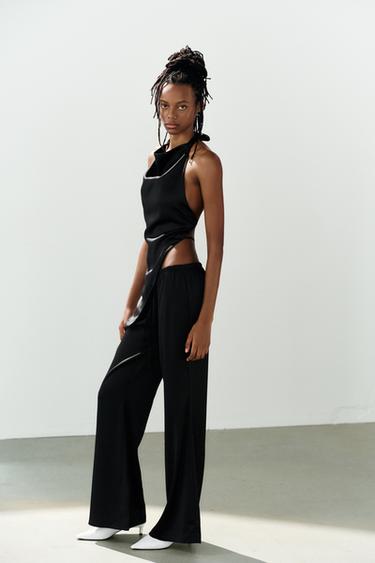 Zara SATIN DRAWSTRING PANTS - Black