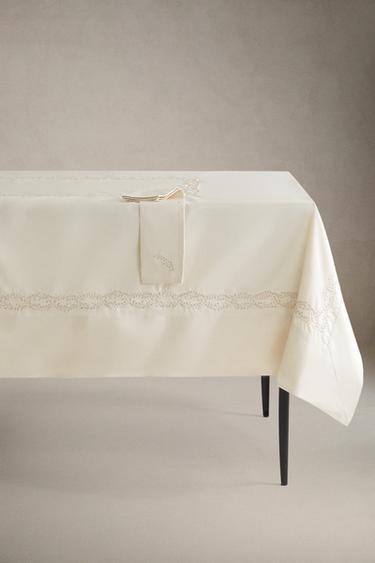 PLANT EMBROIDERED SATIN TABLECLOTH - Beige by Zara - Image 0
