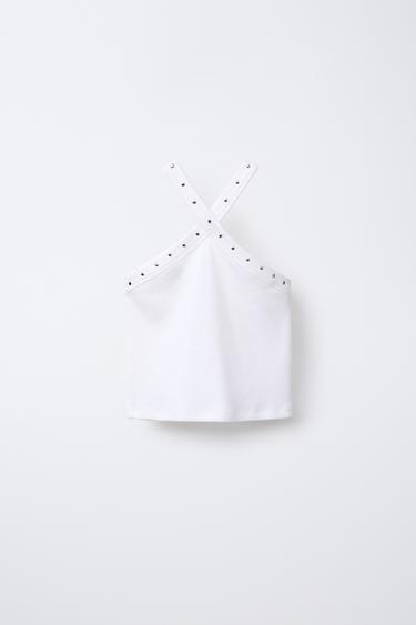 TOP CÔTELÉ HALTER CLOUTÉ - Blanc de Zara - Image 1