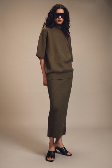 Zara WOOL BLEND STRAIGHT MIDI SKIRT - Khaki