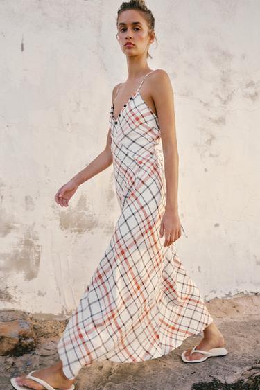 ROBE MI-LONGUE À CARREAUX ET LIN - Multicolore de Zara - Image 6