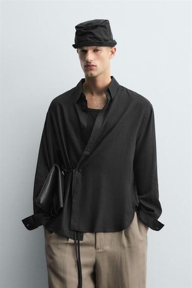 LINEN-VISCOSE TIE SHIRT - Black by Zara