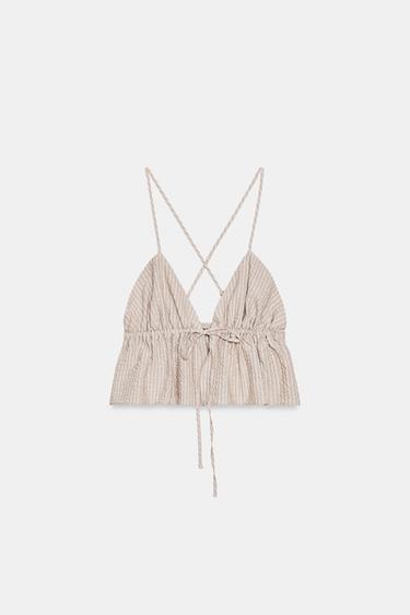 STRIPED CROP TOP - Light brown by Zara