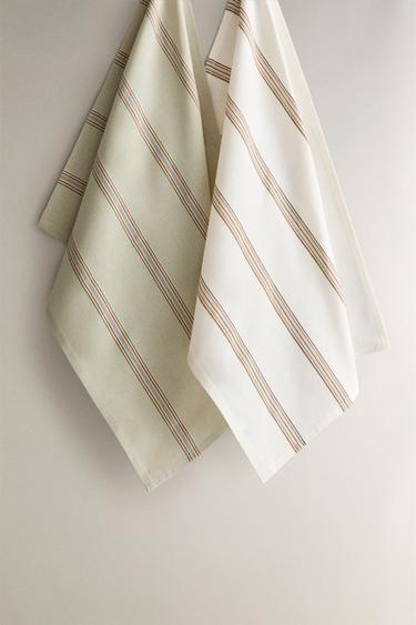 STRIPED TEA TOWEL PACK (PACK OF 2) - Green / Blue by Zara