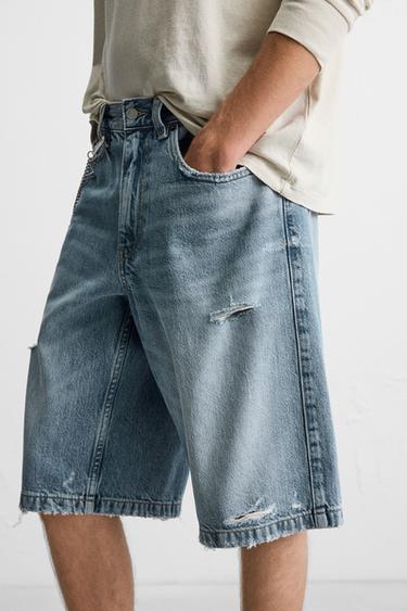 BERMUDA EN DENIM COUPE AMPLE DÉCHIRURES - Bleu moyen de Zara - Image 4