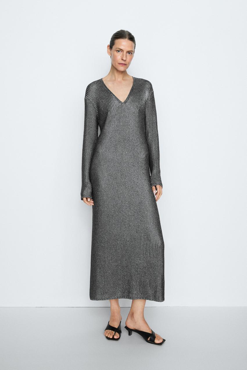 zara metallic knit dress Zara - Metallic Thread Knit Halter Dress - Silver - M