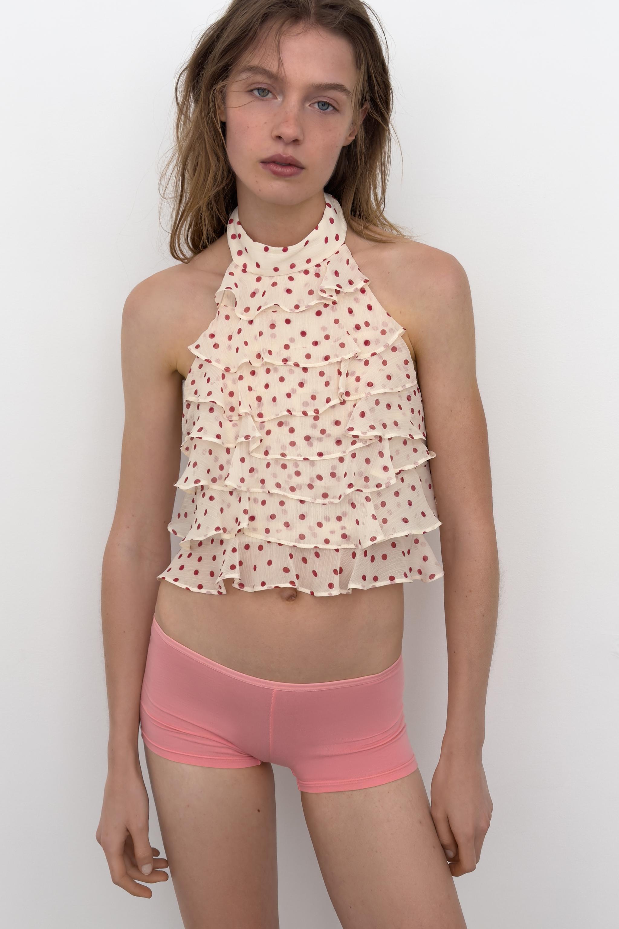GEORGETTE HALTER TOP — Ecru / Red