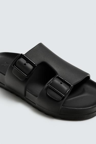 Zara RUBBERIZED DOUBLE STRAP SANDALS - Black