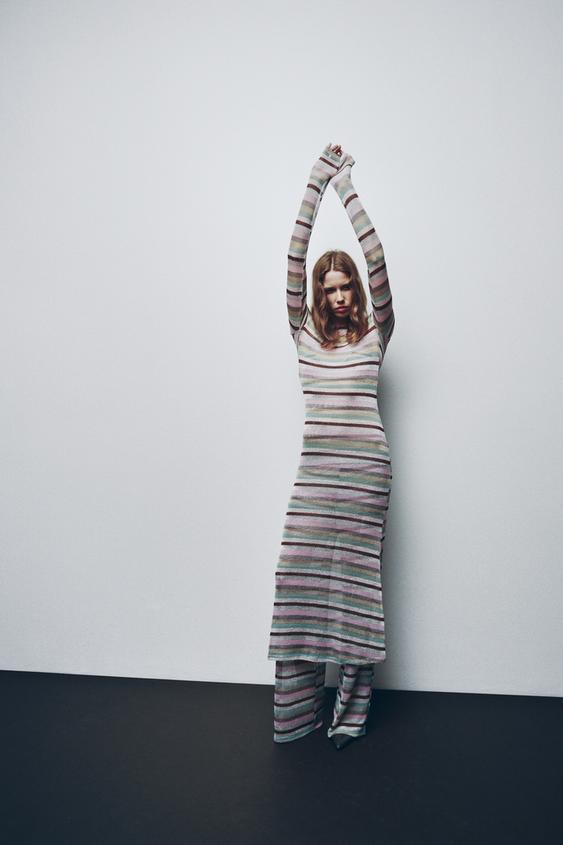METALLIC THREAD STRIPED LONG DRESS