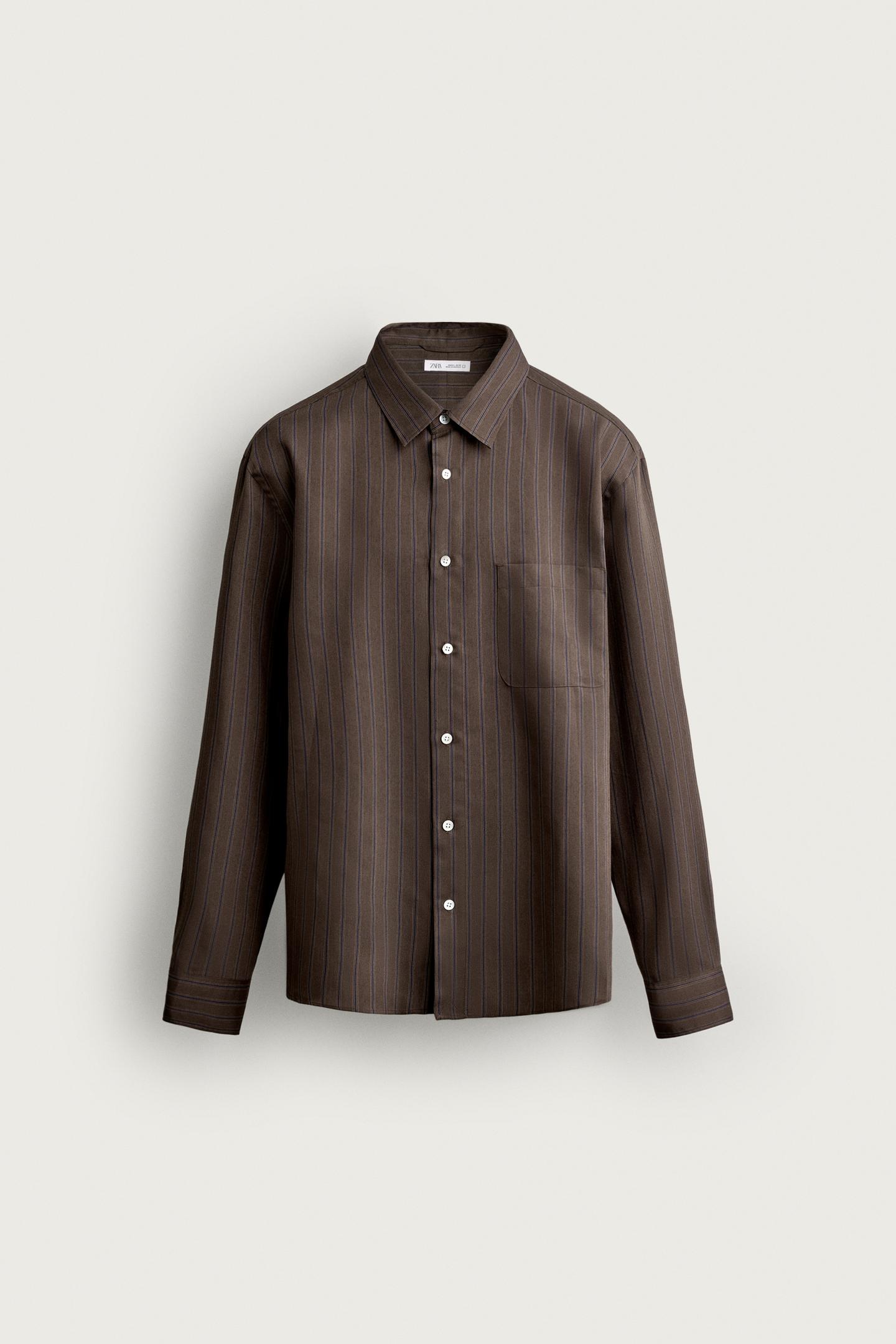 Мужская рубашка Zara Striped Fluid, цвет: Тёмный коричневый — фото 8