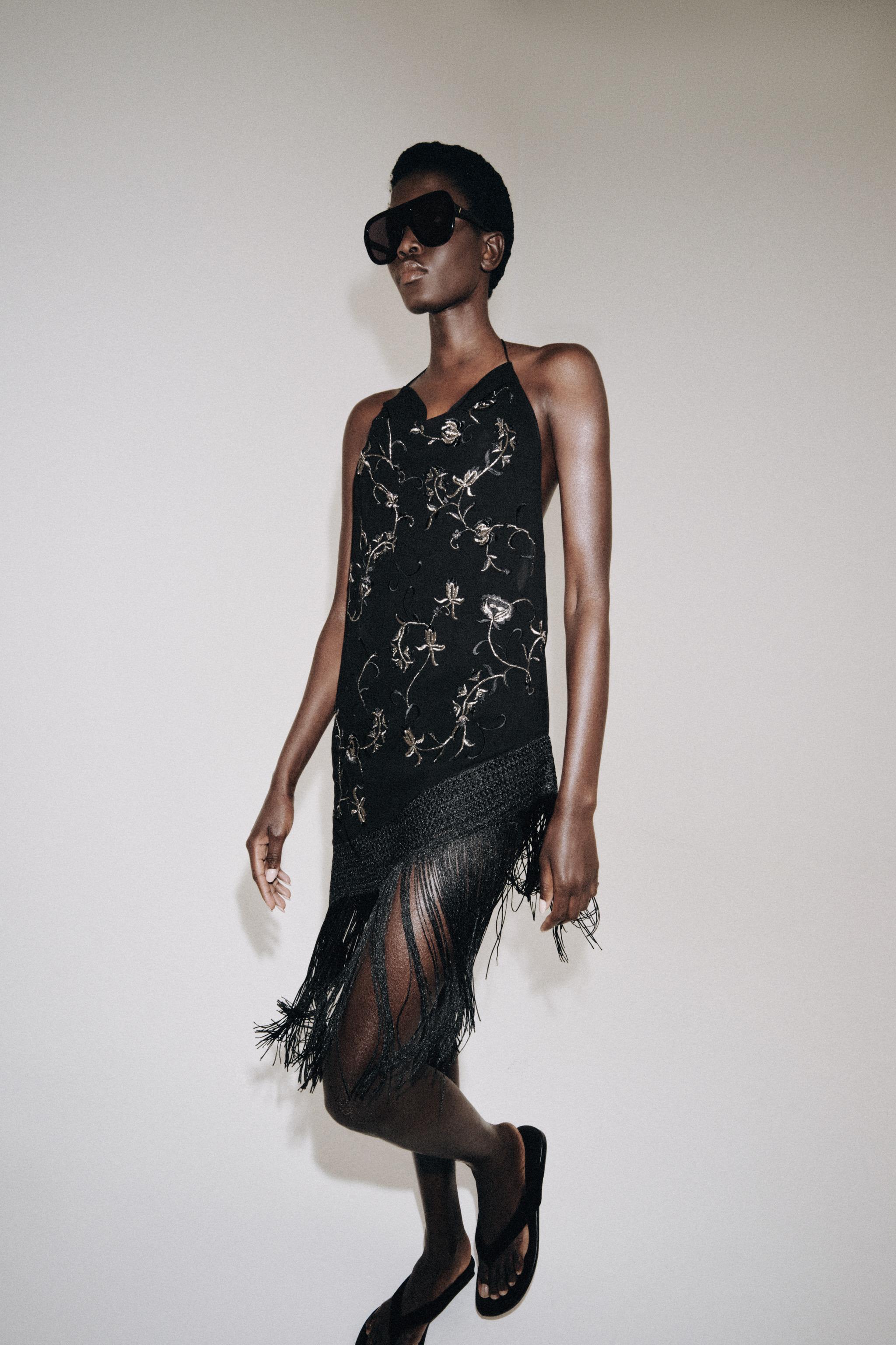 ZW Collection Embroidered Fringed Halter TOP - Black
