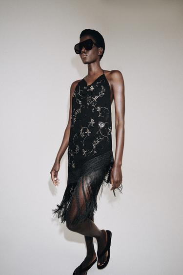 ZW COLLECTION EMBROIDERED FRINGED HALTER TOP - Black by Zara - Image 1