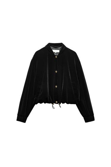 Front view of black jacket with gold buttons and side pockets.
