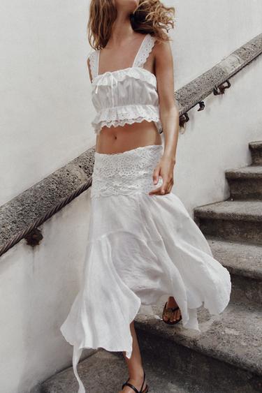 Zara ASYMMETRIC EMBROIDERED MIDI SKIRT - White