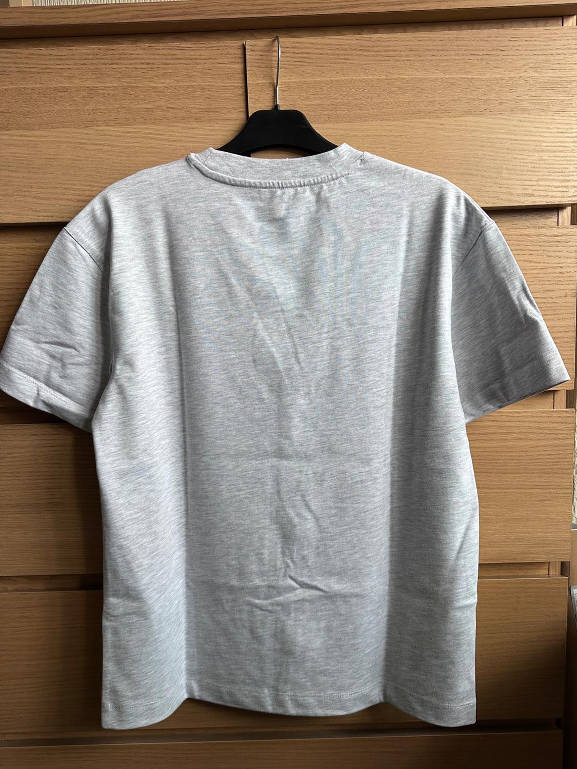 Light grey t-shirt hanging on a black hanger in front of a wooden background. The t-shirt is viewed from the back.