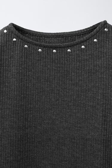 RIBBED STUD T-SHIRT - Grey marl by Zara