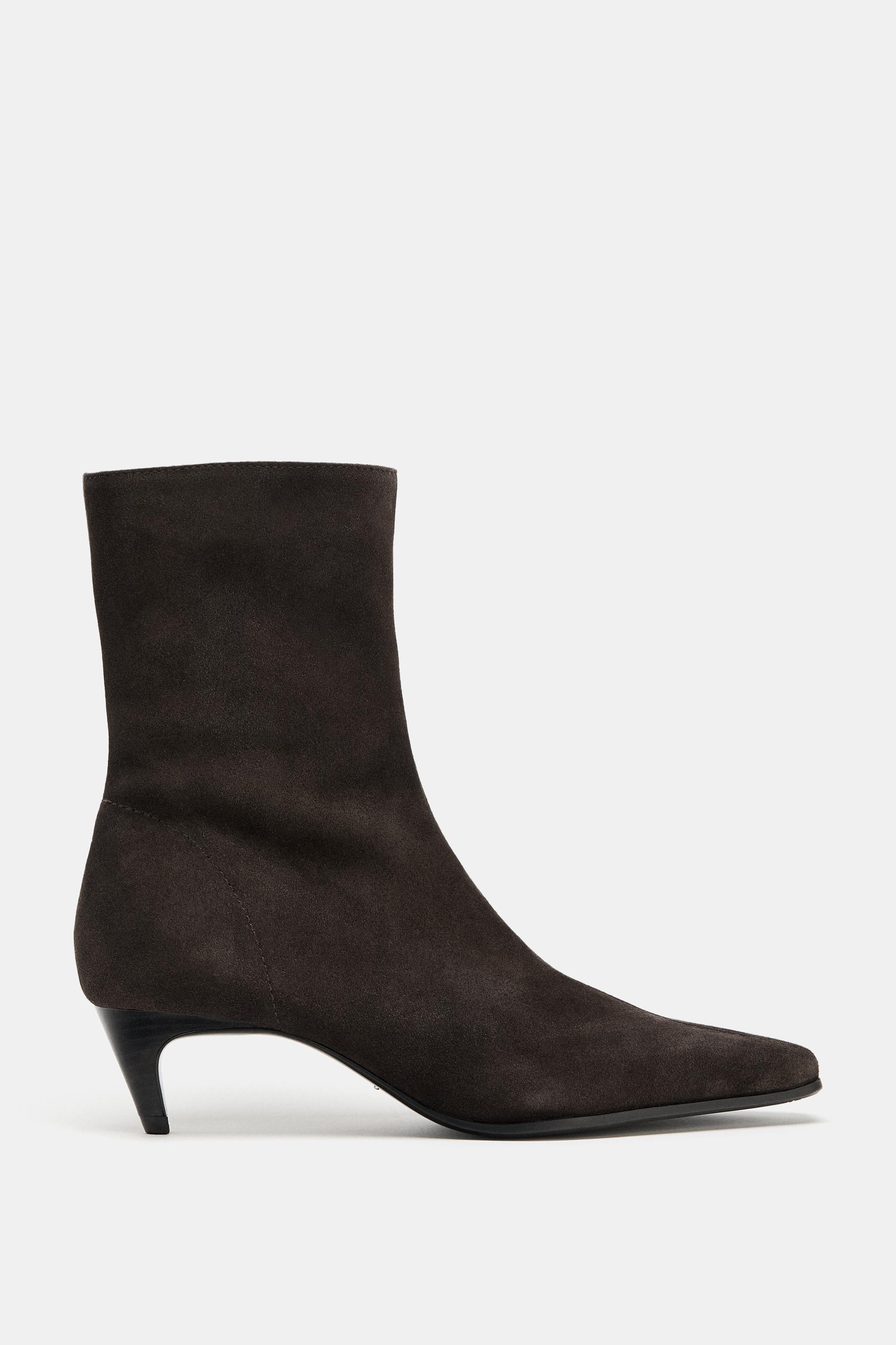 SPLIT LEATHER KITTEN HEEL ANKLE BOOTS - Chocolate Brown | ZARA
