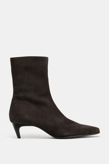 SPLIT SUEDE KITTEN HEEL ANKLE BOOTS - Chocolate Brown by Zara