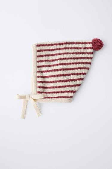 STRIPED TOWELLING BONNET WITH POMPOM - Burgundy by Zara - Image 3