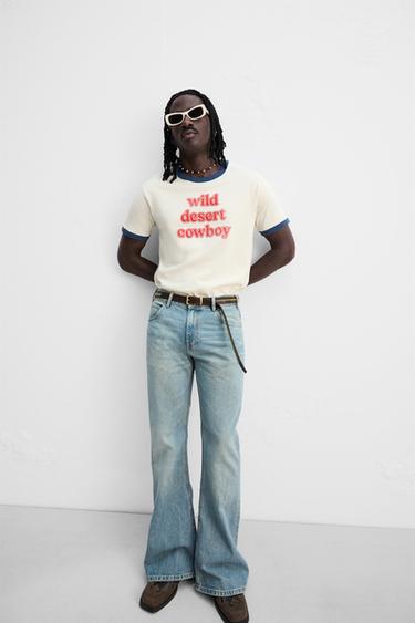 SLOGAN T-SHIRT WITH CONTRAST RIB - Ecru by Zara - Image 4