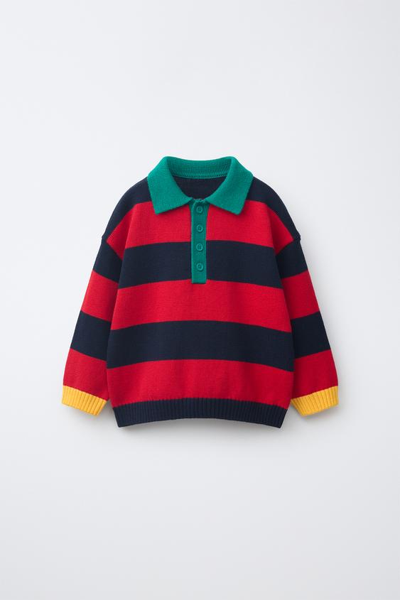 Zara 條紋針織 POLO 衫 - 紅色/海藍色 - 圖片 0