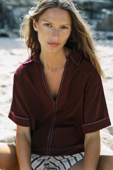 CONTRAST PIPING LINEN BLEND TOP - Burgundy by Zara