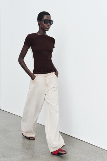 SHORT SLEEVE CONTRAST T-SHIRT - Beige-brown by Zara - Image 2