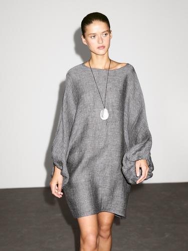 Short dress with sleeve detail, 100% linen - Gris de Zara