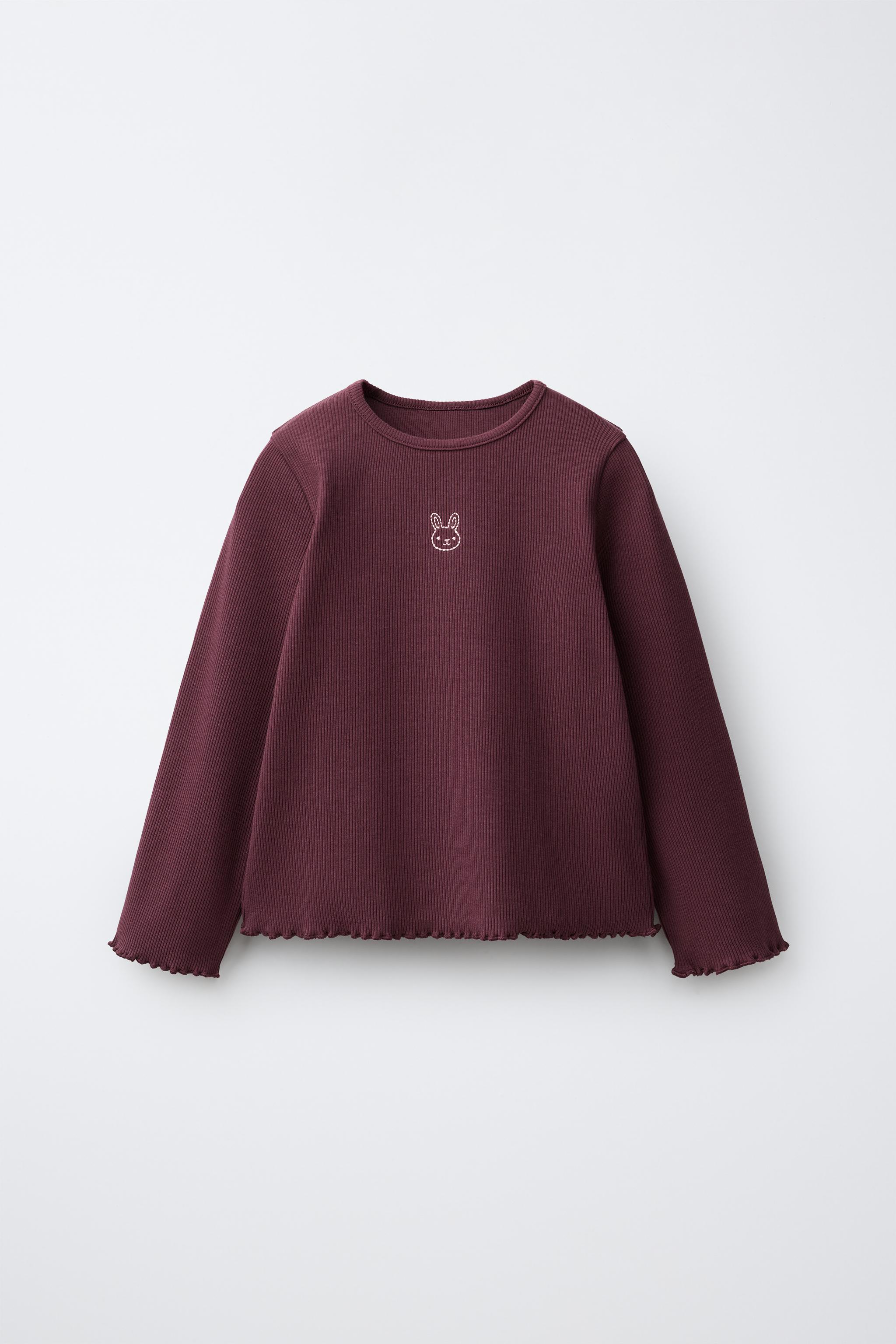 EMBROIDERED RIBBED T-SHIRT — Burgundy