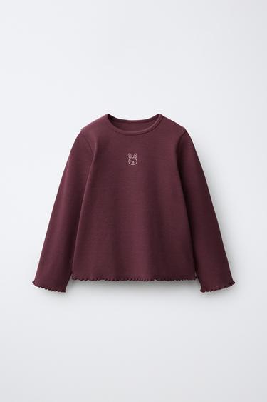Zara EMBROIDERED RIBBED T-SHIRT - Burgundy