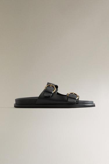 FLAT LEATHER SANDALS WITH BUCKLES - Black by Zara - Image 0