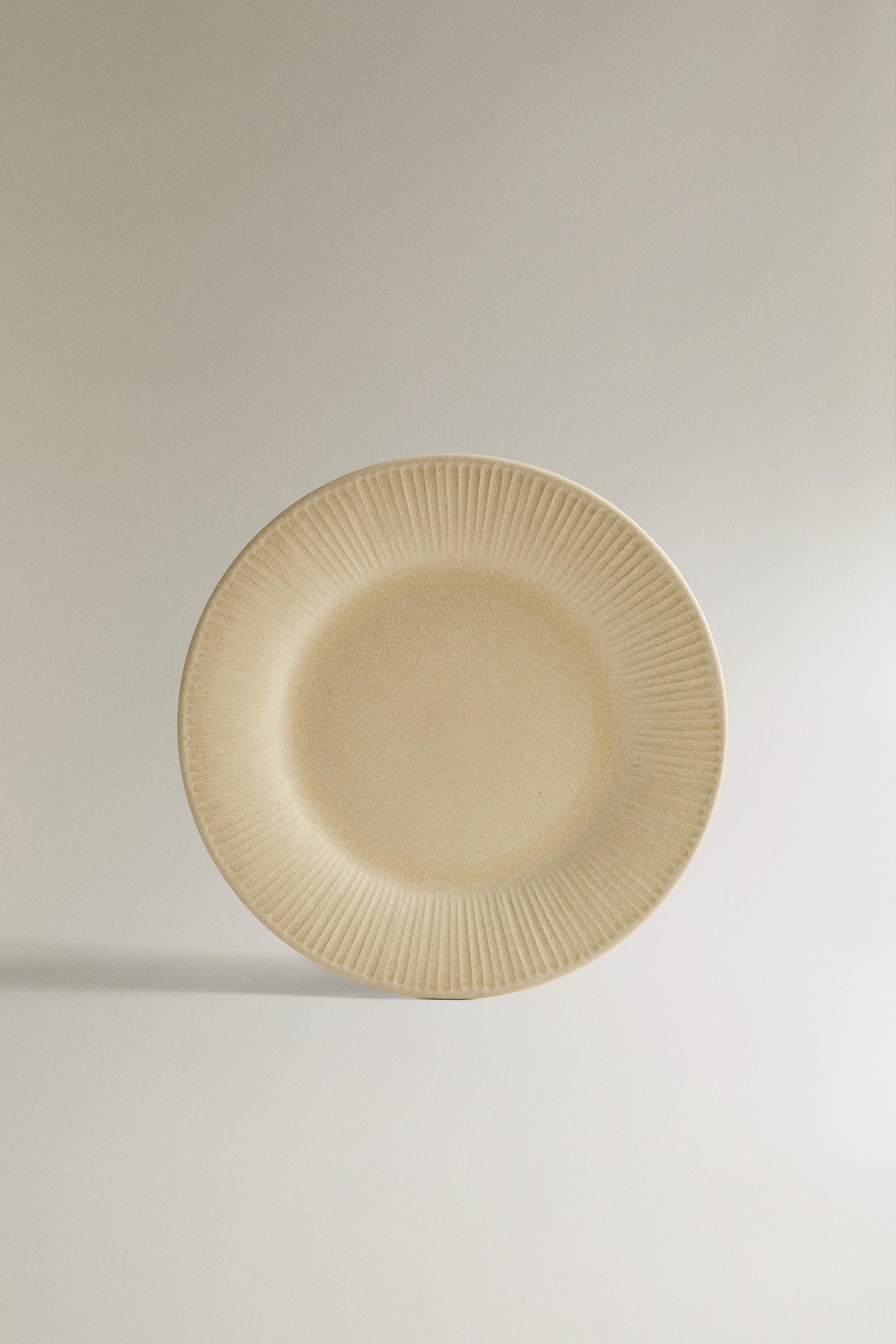 STRIPED STONEWARE DESSERT PLATE — Dark beige