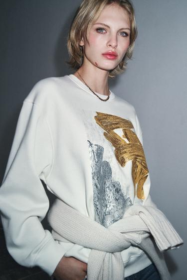 METALLIC SWEATSHIRT - Oyster-white by Zara - Image 1