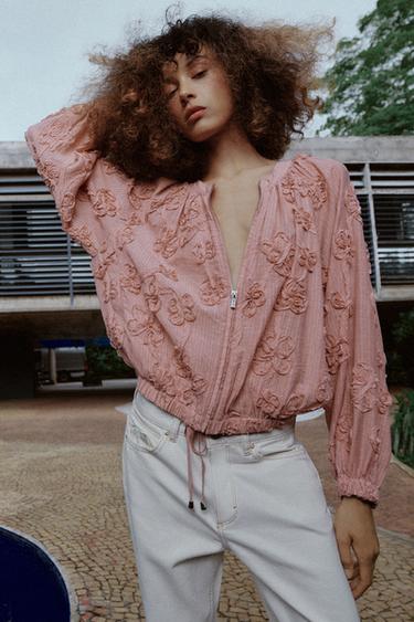 OVERSIZE TEXTURED FLORAL JACKET - Pastel pink by Zara - Image 4