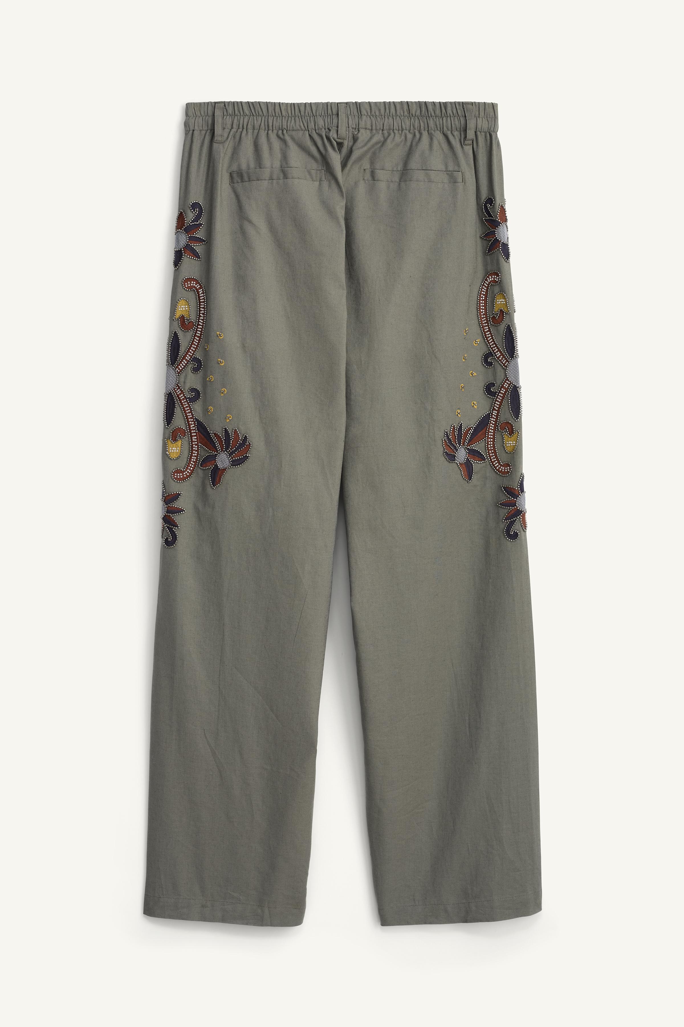 CONTRAST EMBROIDERED LINEN-COTTON PANTS