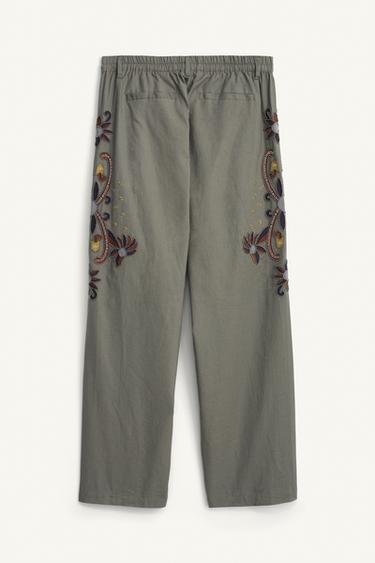CONTRAST EMBROIDERED LINEN-COTTON TROUSERS - Green / Blue by Zara - Image 5