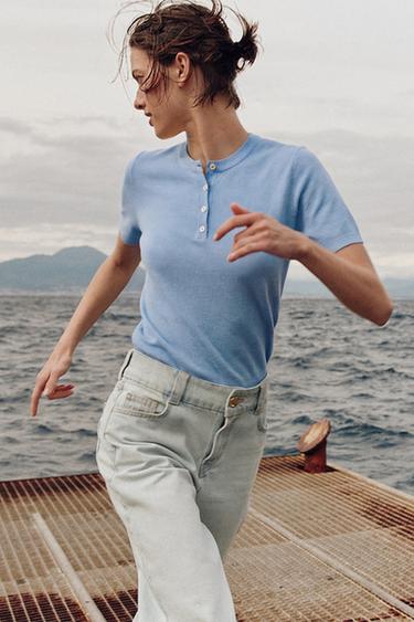 Zara BUTTONED KNIT TOP - Light blue