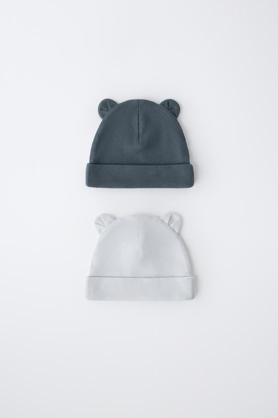 Детские шапки Zara 2-PACK OF Ribbed with Ears, цвет: Синий