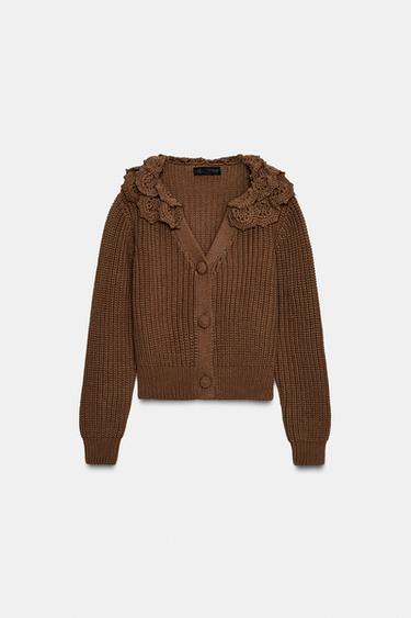 Zara FLORAL TEXTURED CARDIGAN - Brown