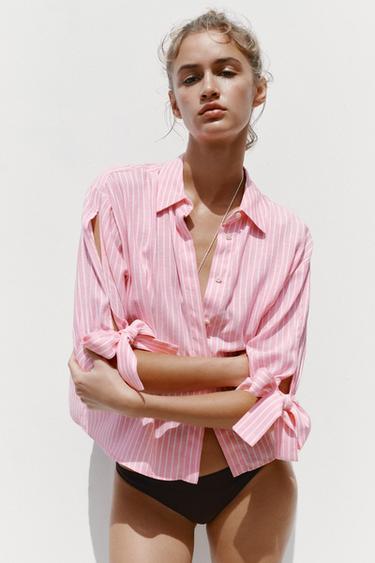 STRIPED LINEN-BLEND SHIRT WITH TIES - Pink / White by Zara - Image 4
