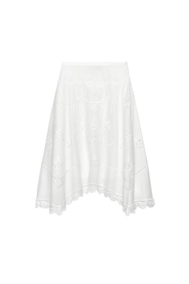 Zara ZW COLLECTION EMBROIDERED ASYMMETRIC SKIRT - White