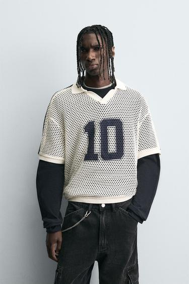 Zara OPEN KNIT NUMBER POLO - Ecru