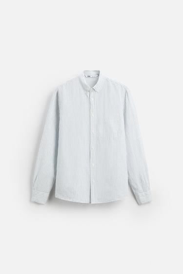 CAMISA LINO - ALGODÓN - Blanco / Celeste de Zara