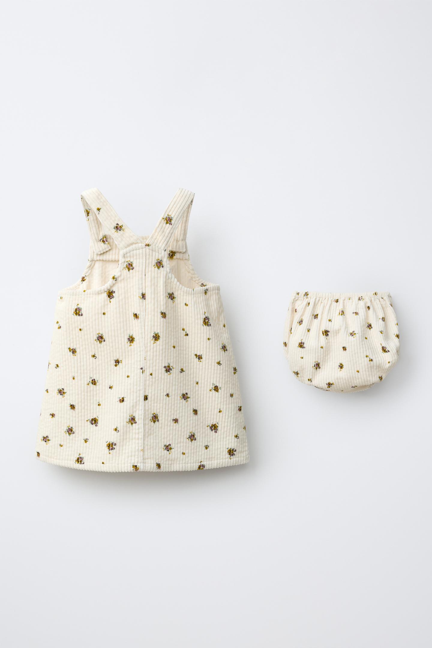 Детские платья Zara Corduroy Pinafore and Bloomers Set with Floral Print, цвет: Экрю — фото 2