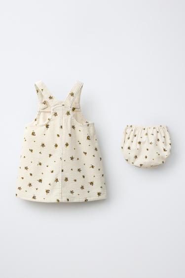CORDUROY PINAFORE AND BLOOMERS SET WITH FLORAL PRINT — Ecru 2
