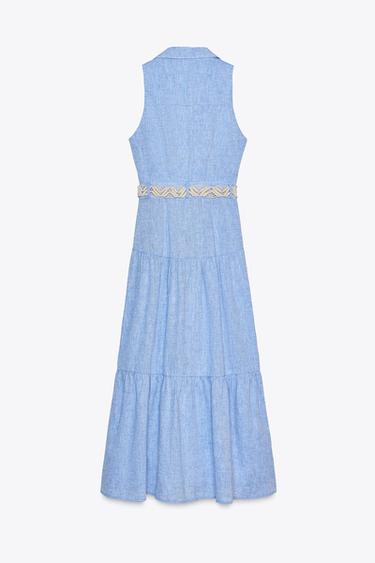 MIDI DRESS WITH BELT LINEN BLEND - Blue by Zara - Image 5