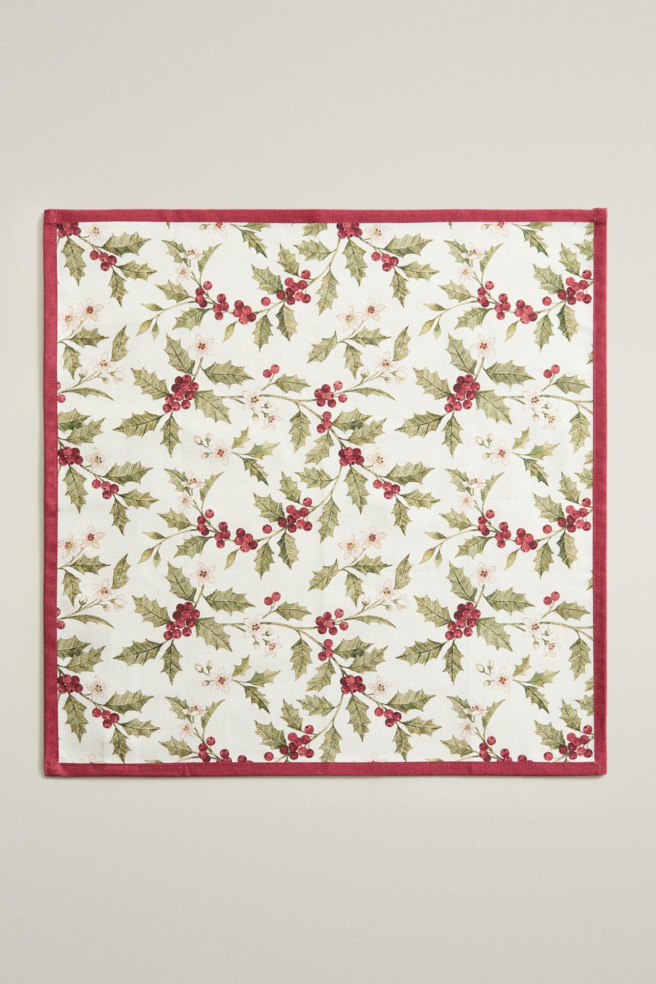 CHRISTMAS HOLLY COTTON NAPKINS (PACK OF 2) — Ecru